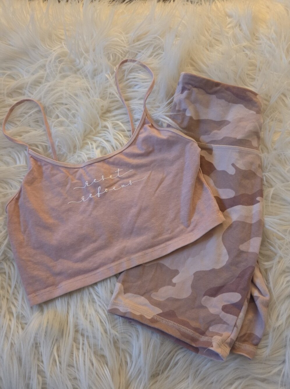 Forever21 Pink Cami Bralette and Camo Bike Shorts Workout Yoga Set